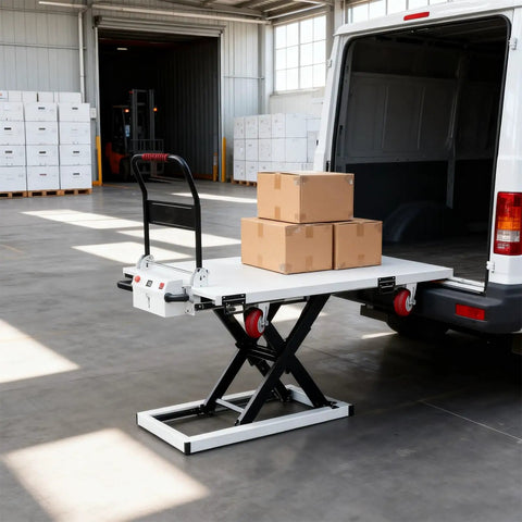 Heavy Duty Battery Powered Hydraulic Lift Table With Slide Rails For Trucks And Garages Offers 1100 Lb Capacity loading cargo boxes.