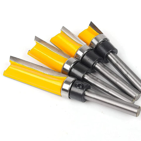 4 Piece Flush Trim Router Bit Set With Top Bearing Carbide Cutters for template routing, featuring 1/2, 3/4, and 1 inch sizes.