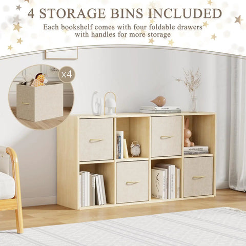 8 Cube Storage Organizer With Solid Wood Frame And Four Fabric Bins in a living room setup, displaying books and decor items