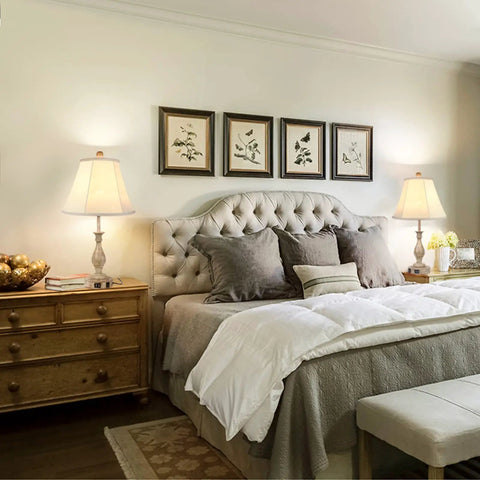 Bedroom with Cozy Farmhouse Table Lamp With Touch Control on nightstands, linen shades, enhancing rustic decor elegance