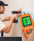 7 In 1 Wall Scanner Stud Finder With High Contrast Lcd Panel That Locates Wood Metal And Live Ac Wires Without Any Fuss in use by a man.