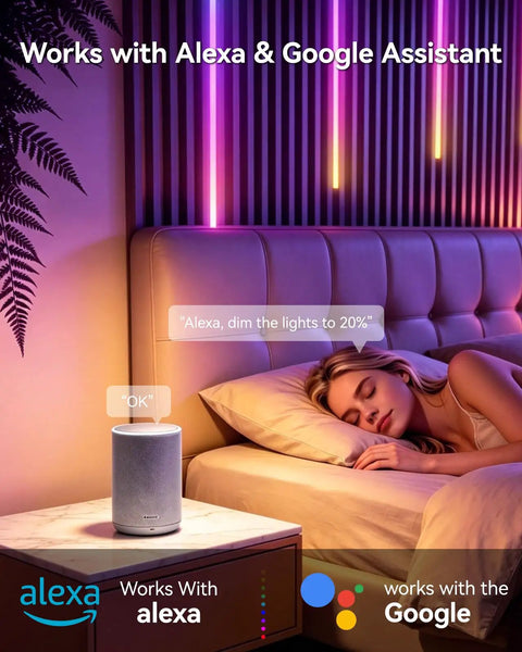 Galental RGB+IC Slat Wall Lights, Led Recessed Lighting, DIY Lights, 6 Pack illuminating a bedroom with a sleeping woman.