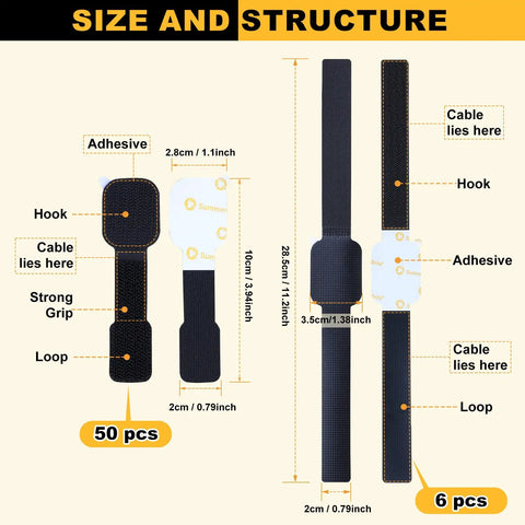 Diagram showing Heavy Duty Self Adhesive Cable Straps With Strong Sticky Backing Reusable Hook And Loop Ties dimensions and features.
