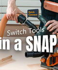 Person connecting a 16 Foot Vacuum Hose Kit With Quick Change Adapters And Threaded Coupler For Dust Collection System to a power tool.