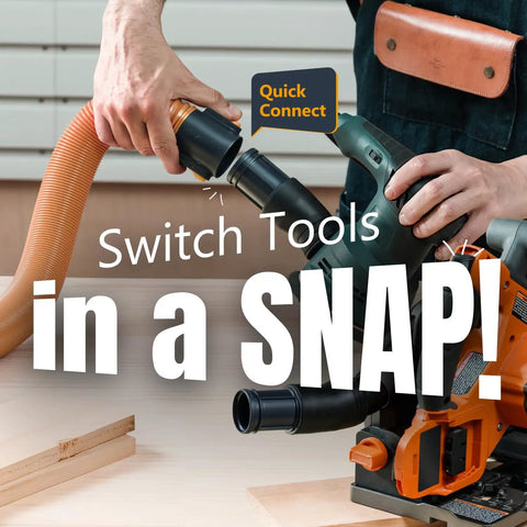 Person connecting a 16 Foot Vacuum Hose Kit With Quick Change Adapters And Threaded Coupler For Dust Collection System to a power tool.