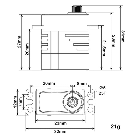 Diagram of Beefy 12.5 Kg High Torque RC Micro Servo with dimensions for SCX24 TRX4M and 1:10/1:8 crawlers, brushless motor, metal gears
