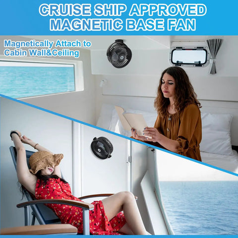 Ceiling Or Wall Mount Magnetic Cruise Fan With 8000mAh Rechargeable Battery in stateroom showing comfort and convenience