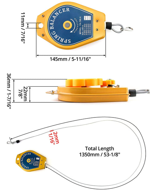Heavy Duty Spring Balancer For Assembly Lines, Retractable Tool Fixture Holder With 1.1 Lb To 3.3 Lb Load, Solid Iron Case And Steel Cable