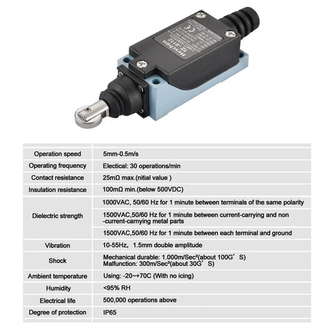 Workhorse Industrial Grade Limit Switch with Parallel Roller Plunger Enclosed 1NO 1NC Momentary 250VAC 10A, specs shown