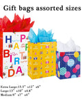Birthday Gift Bag Set With Handle And Tissue Paper, 12 Pack Assorted Sizes And Designs, Large Extra Large 15.5x12x6 Inch And Medium 13 Inch Gift Bags For Boys And Girls