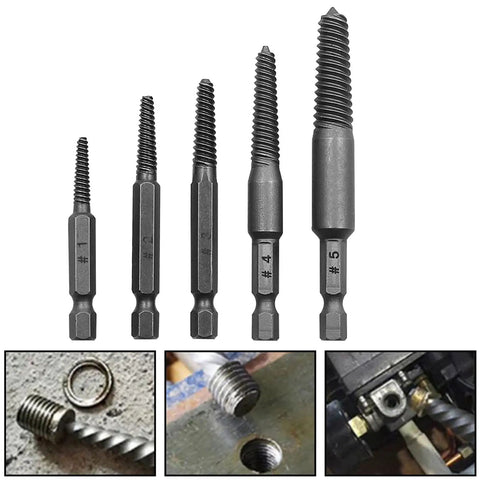 Heavy Duty Bolt Extractor Kit With Fluted Shank Design For Stripped Screws And Damaged Fasteners That Grip Tighter Under Torque To Save Your Bones When Removing Tough Rusty Steel Studs, Socket Heads, And Frozen Hardware Fast And Easy Without Breaking A #1-#5 steel extractors