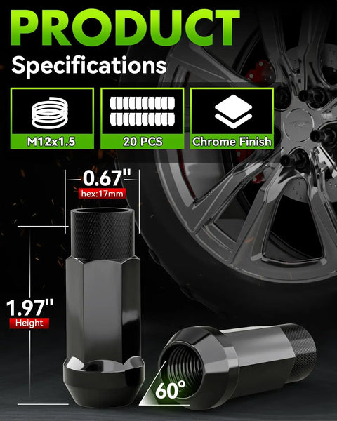 Beefy 20 Pack M12x1.5 Open End Lug Nuts For 5 Lug Wheels 60 Degree Conical Bulge Acorn 50mm Height 17mm Hex Chrome Finish
