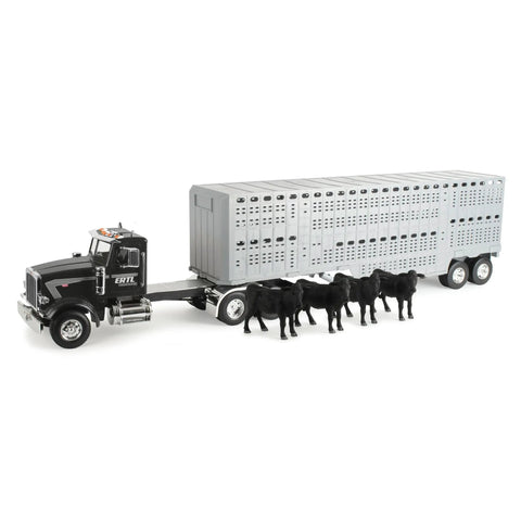 Peterbilt 1 By 16 Scale Semi Truck With Livestock Trailer And Four Cows, front view featuring black truck and silver trailer, durable farm toy.
