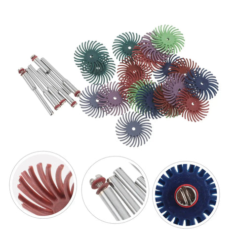 Radial Bristle Disc Buffing Wheel Kit With 3mm Shank For Fine Detailing, showing colorful spiral flap wheels and metal shanks.