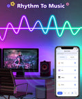 16.4ft RGBIC LED Neon Rope Lights With Music Sync Dope Color Changing Rope Lights For Bedroom And Gaming Room Works With Alexa And Google Assistant DIY Shapeable Neon Lights 2.4GHz WiFi shown in gaming setup with app interface on smartphone.