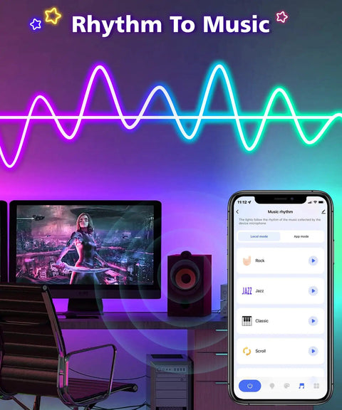 16.4ft RGBIC LED Neon Rope Lights With Music Sync Dope Color Changing Rope Lights For Bedroom And Gaming Room Works With Alexa And Google Assistant DIY Shapeable Neon Lights 2.4GHz WiFi shown in gaming setup with app interface on smartphone.