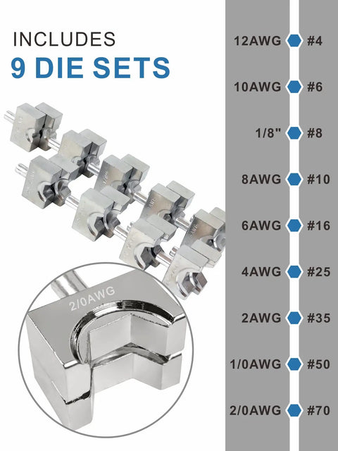 Hydraulic Crimping Tool 10 Ton With 11mm Stroke Rotating Head includes 9 die sets for various AWG sizes