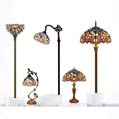 Collection of stained glass lamps with various designs including Sea Blue And Yellow Stained Glass Dragonfly Tiffany Table Lamp Dope Nautical Reading Desk Bedside Light For Bedroom Living Room And Home Office Decor 12 Inch Shade 18 Inch Tall UL Listed.