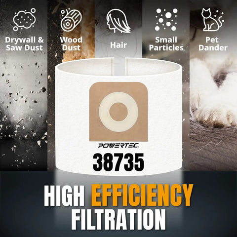 Heavy Duty Two Pack Shop Vacuum Filter Bags Compatible With 12 Gallon Craftsman Wet Dry Vacs shown for dust and pet hair filtration.