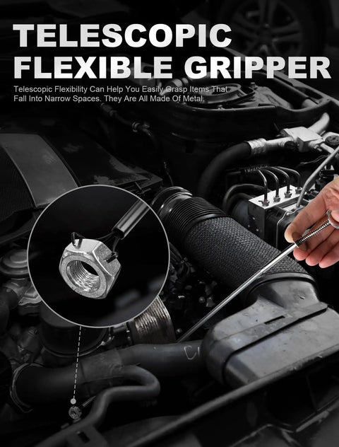 Two Pack Pickup Tool Set With 25 Lb Telescoping Magnet Grabber Pocket Clip And 24 Inch Flexible Claw Reacher in automotive use