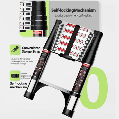 12.5 Ft Telescoping Aluminum Ladder With Dual Triangle Stabilizers, Lightweight Extension Ladder, Heavy Duty 330 Lb Capacity, Beats Wobble Like a Pro From 30 To 10 Degrees, Ideal For Home, Garage, And Roof Access. Self-locking mechanism shown folded with storage strap.