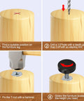 Installation steps for Round One Quarter Inch Thread Furniture Feet Levelers, 24 Pcs, Black, showing drilling and screw-in process