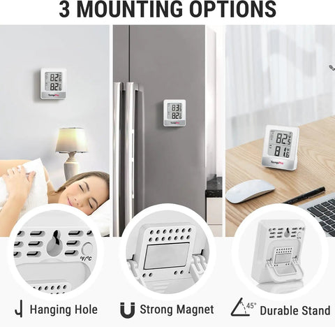 Wireless Indoor Outdoor Thermometer with 500ft Range and Temperature Sensor mounted on wall, fridge, and desk.