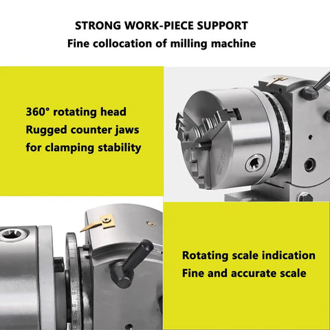 Shop Knockout 3 Jaw Universal Dividing Head For Cnc Milling Machine Rotary Table With Tailstock And Interchangeable Indexing Plates, showing 360° rotating head and clamping jaws.