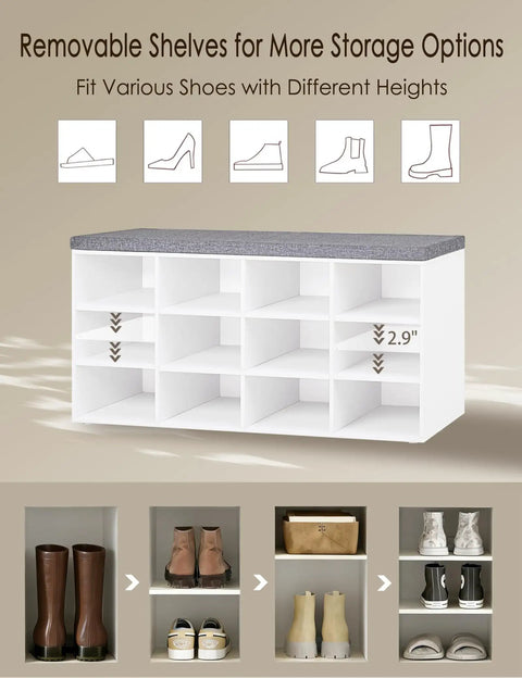 12 Cubby Shoe Storage Bench With Cushioned Seat And Adjustable Shelves White Entryway Organizer For Shoes Mudroom Hallway And Garage