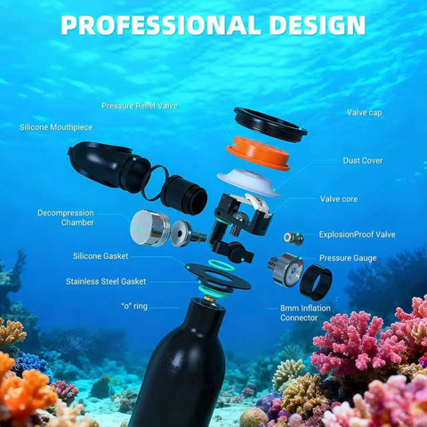 Exploded view of Grab And Go 0.7L Mini Scuba Tank With Constant Pressure Valve components underwater, labeled for clarity.