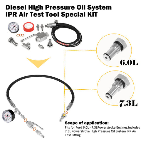 Ford 6.0L 7.3L Powerstroke Diesel High Pressure Oil System IPR Air Test Tool Kit with leak detection fittings layout