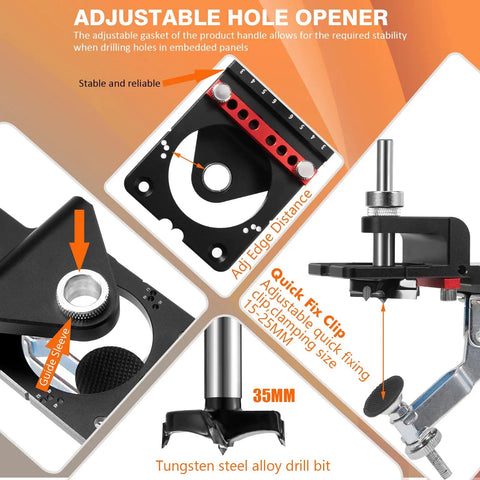 35mm Cabinet Door Concealed Hinge Jig With Quick Clamps And Snap-On Ruler, featuring adjustable hole opener and tungsten steel drill bit.