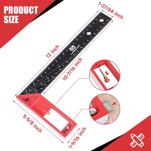 Top Shelf 12 Inch Aluminum Framing Carpenter Square With Retractable Ledge And Scribe Pin showing detailed measurements and features.