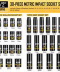 One Half Inch Drive Impact Socket Set, 65 Piece SAE And Metric Deep And Shallow Sockets With Embossed Painted Markings