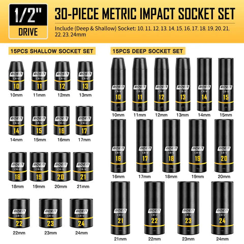 One Half Inch Drive Impact Socket Set, 65 Piece SAE And Metric Deep And Shallow Sockets With Embossed Painted Markings