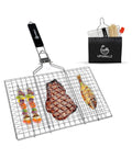 Fish And Veggie Grill Basket Set With Foldable Wooden Handle, Stainless Steel BBQ Grilling Basket For Outdoor Cooking, Includes skewers and brush