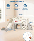 Cream and gray Toddler Slide Set With Basketball Hoop, Drawing Board And Golf Game, 13 In 1 Indoor Outdoor Playset dimensions shown.
