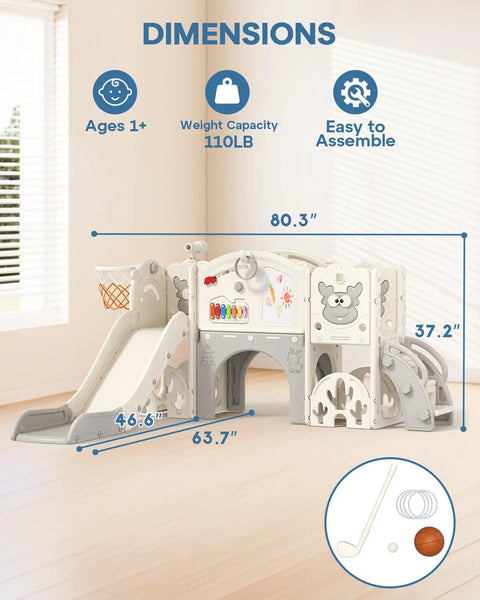 Cream and gray Toddler Slide Set With Basketball Hoop, Drawing Board And Golf Game, 13 In 1 Indoor Outdoor Playset dimensions shown.