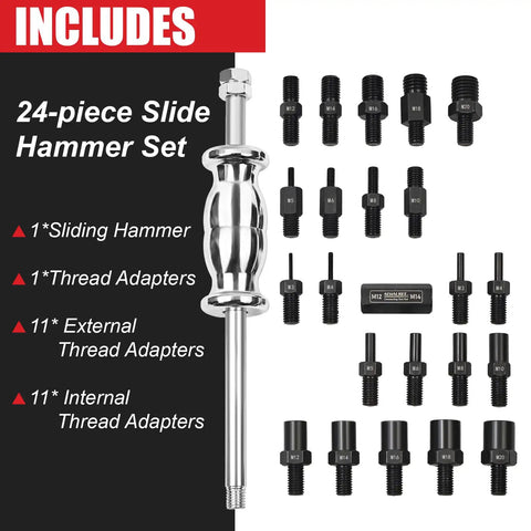 24-Piece Slide Hammer Kit For Auto Repair And Dismantling with various threaded adapters shown, including male and female M3 to M20.