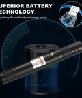High Power Green Laser Pointer With Removable Star Cap Single Pinpoint Mode And Flood Beam USB Rechargeable Lazer shown with battery technology.