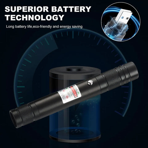 High Power Green Laser Pointer With Removable Star Cap Single Pinpoint Mode And Flood Beam USB Rechargeable Lazer shown with battery technology.