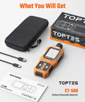 Must-Have Portable Carbon Monoxide Detector with Rechargeable Battery, Vibration Alerts, Visual and Audible Alarms, 0-1000 PPM Range, TFT Color Display, shown with carrying case, charging cable, and manual.