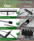 Comparison of heavy duty garden rake with 17 tine metal head vs others; features welding, steel rod, locking screw vs bending, sliding off.