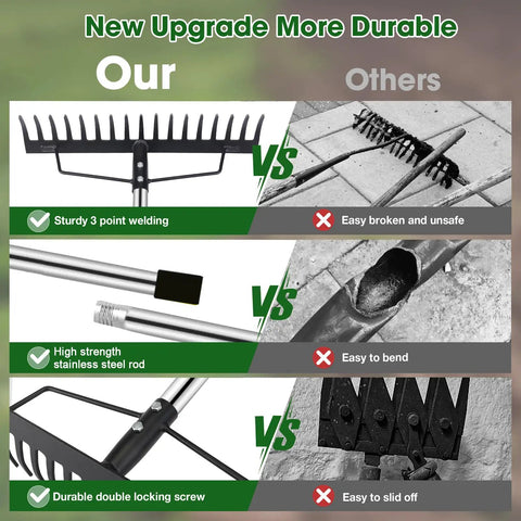 Comparison of heavy duty garden rake with 17 tine metal head vs others; features welding, steel rod, locking screw vs bending, sliding off.