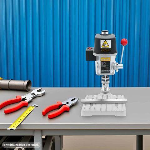 Compact 340W Mini Benchtop Drill Press, Portable Electric Table Drill Machine with tools on a workbench.