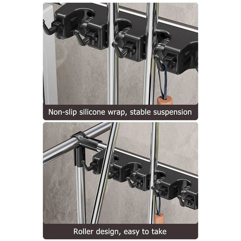 Heavy Duty Floor Mounted Mop Rack And Broom Holder With Stainless Steel Frame And Thick ABS Tray detail view with silicone grips