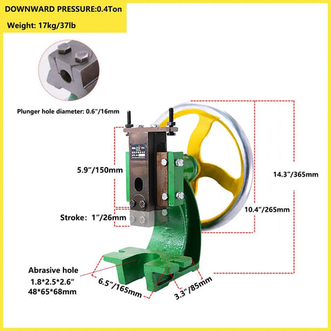 Heavy Duty Manual Hand Wheel Press 1.2 Ton Capacity Precision Cast Iron Flatbed Bench Arbor Machine with yellow wheel and dimensions.