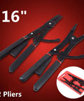 Heavy Duty 16 Inch Circlip Pliers Set 2 Pack Internal and External Snap Ring Pliers With 0 15 45 90 Degree Tips displayed on red background