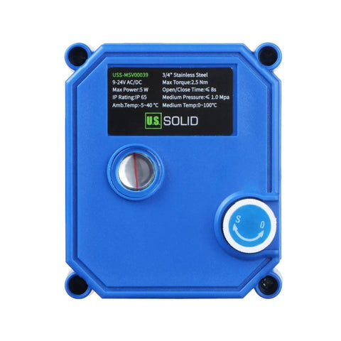 Motorized Three Quarters Inch Ball Valve Full Port NSF Certified 304 Stainless Steel with manual function, blue housing