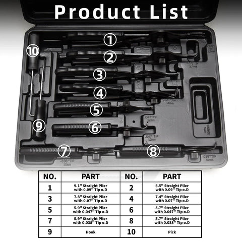 10 Piece Snap Ring Pliers Set Heavy Duty Internal And External Circlip Pliers Kit With Straight And Bent Jaw Tips Hook Pick Gloves And Storage Case For Quick Ring Installation And Removal in storage case